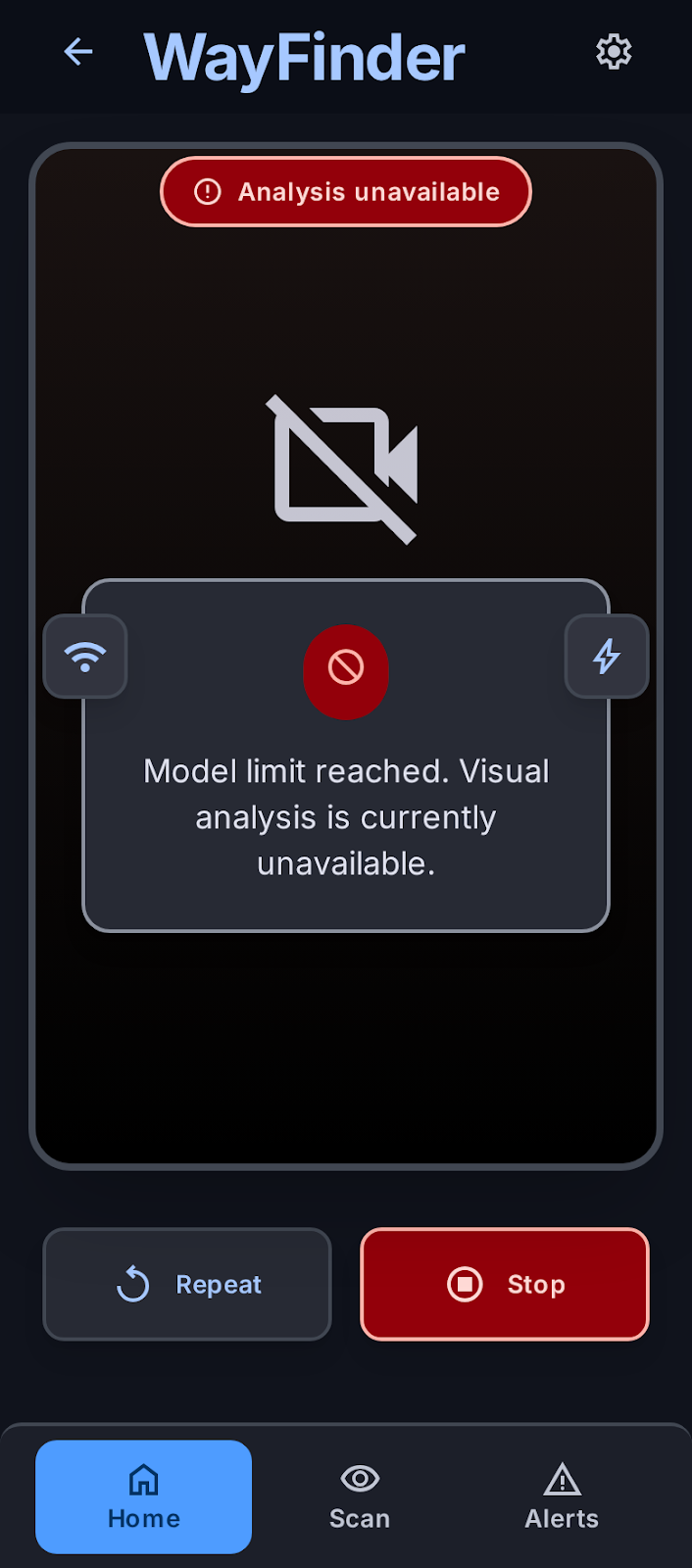 WayFinder home screen showing that visual analysis is unavailable after the model limit is reached